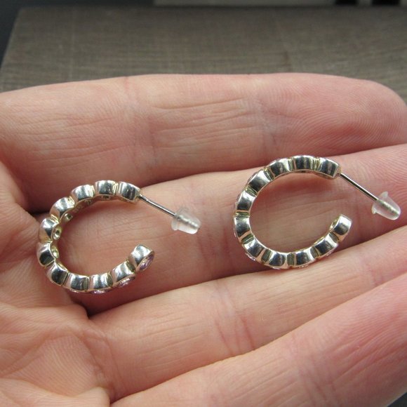 Sterling Silver Curved Half Hoop Clear Cubic Zirconia Earrings Vintage - Picture 5 of 8